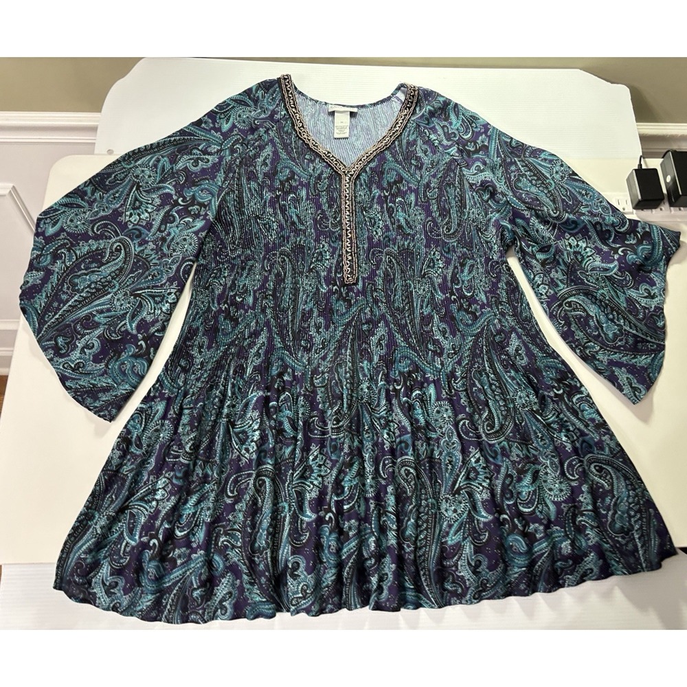 Catherines Bejeweled Pleated Blouse 3x V Neck Paisley Blue Resortwear - Picture 7 of 10